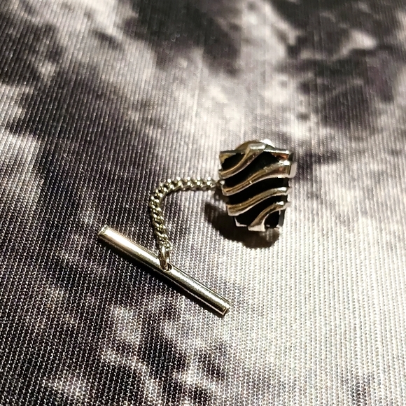 Vintage Silver-toned and Black Tie Tack Pin with Chain Bar - Picture 1 of 3